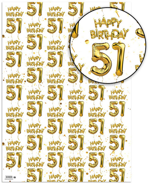 Age Gift Wrap - 51st Birthday Wrapping Paper White & Gold Foil Effect