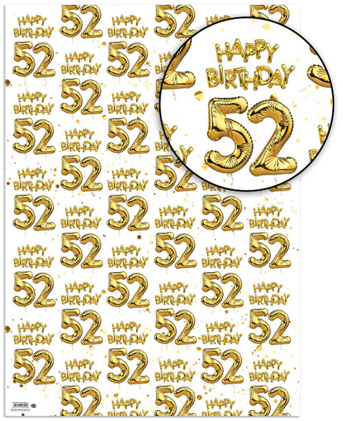 Age Gift Wrap - 52nd Birthday Wrapping Paper White & Gold Foil Effect
