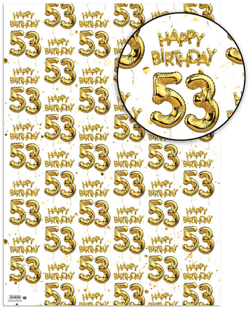 Age Gift Wrap - 53rd Birthday Wrapping Paper White & Gold Foil Effect
