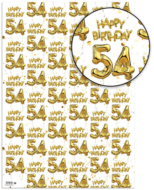 Age Gift Wrap - 54th Birthday Wrapping Paper White & Gold Foil Effect