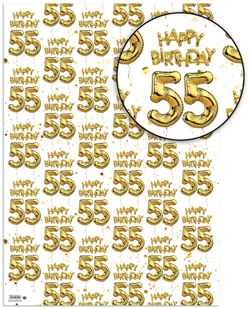 Age Gift Wrap - 55th Birthday Wrapping Paper White & Gold Foil Effect
