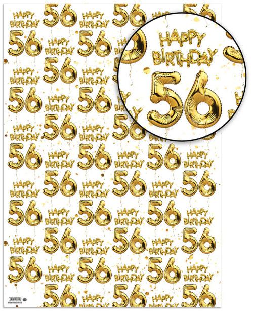 Age Gift Wrap - 56th Birthday Wrapping Paper White & Gold Foil Effect