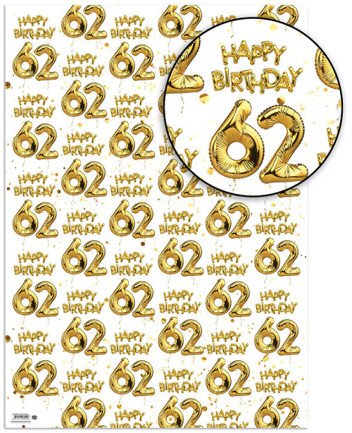 Age Gift Wrap - 62nd Birthday Wrapping Paper White & Gold Foil Effect
