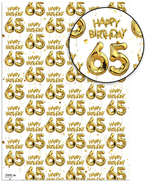 Age Gift Wrap - 65th Birthday Wrapping Paper White & Gold Foil Effect