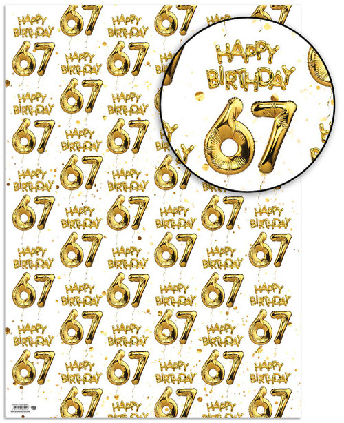 Age Gift Wrap - 67th Birthday Wrapping Paper White & Gold Foil Effect