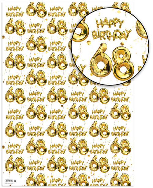 Age Gift Wrap - 68th Birthday Wrapping Paper White & Gold Foil Effect
