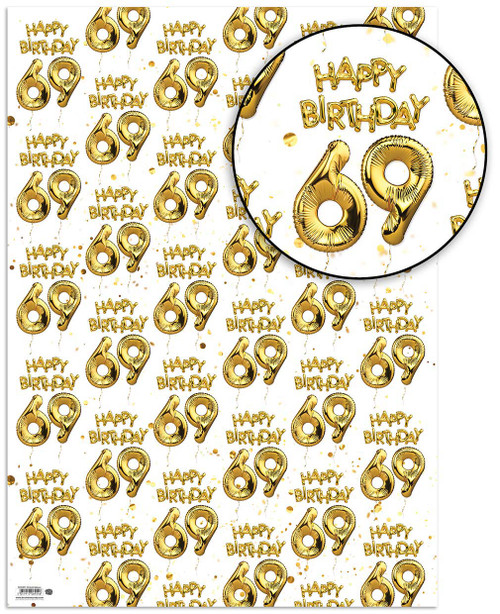 Age Gift Wrap - 69th Birthday Wrapping Paper White & Gold Foil Effect