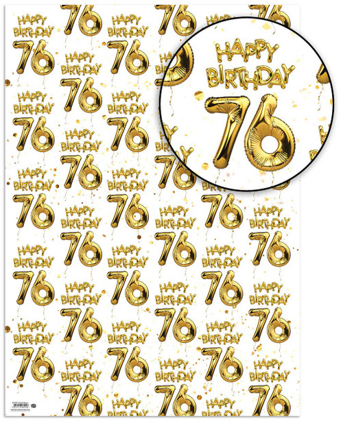 Age Gift Wrap - 76th Birthday Wrapping Paper White & Gold Foil Effect