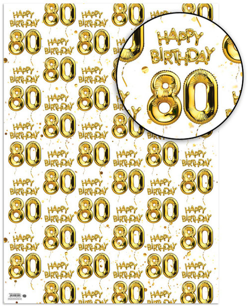 Age Gift Wrap - 80th Birthday Wrapping Paper White & Gold Foil Effect