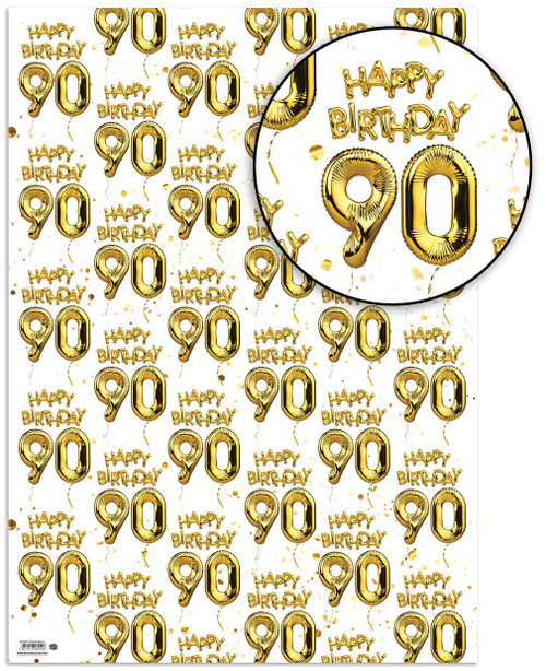 Age Gift Wrap - 90th Birthday Wrapping Paper White & Gold Foil Effect