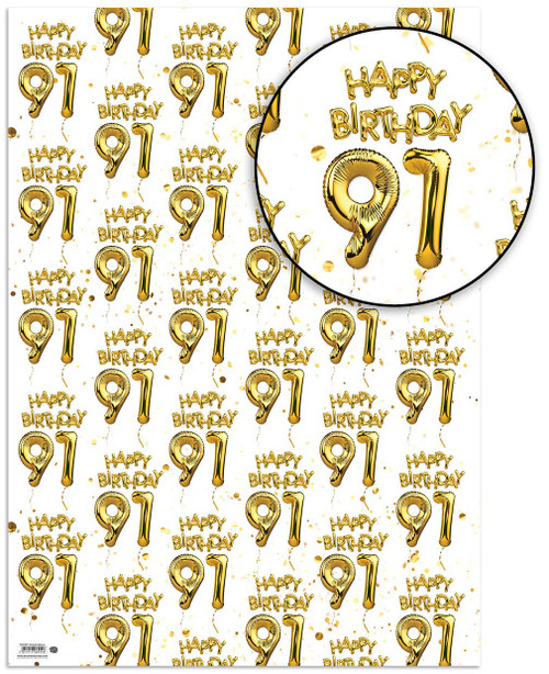 Age Gift Wrap - 91st Birthday Wrapping Paper White & Gold Foil Effect