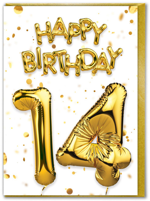 14th Birthday Card - Age 14 Balloon Gold