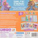 Back of the box of Shelfie Stacker. Buy this and other brilliant board games from Out of Town Games