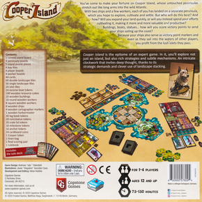Back of the Box of Cooper Island (2nd Edition with Solo Against Cooper) Buy Great Board Games from Out of Town Games
