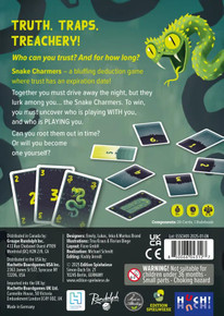 Back of the box of ‘Snake Charmers’ – buy now from Boardgamist.