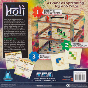 Back of the box of Holi: Festival of Colour. Buy this and other strategy board games from Out of Town Games