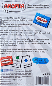 Back of the box of Anomia. Buy this and other party board games from Out of Town Games