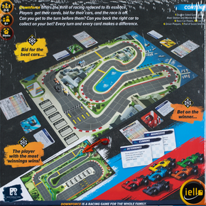 Downforce back of the box buy the family racing game from Out of Town Games Downforce back of the box buy the family racing game from Out of Town Games