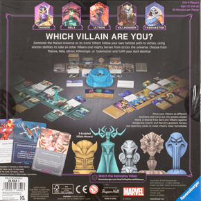 Back of the box of Marvel Villainous Infinite Power. Buy the card game from Out of Town Games