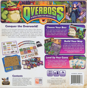 Back of the box of Overboss: A Boss Monster Adventure. Buy the board game from Out of Town Games
