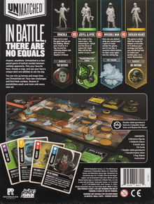 Back of the box of Unmatched Cobble and Fog . Buy the two player game from Out of Town Games