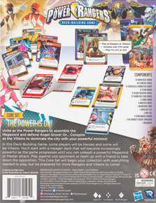 Back of the box of Power Rangers Deck-Building Game - Brilliant card games from Out of Town Games