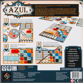 Azul back of the box, buy the award winning board game from Boardgamist