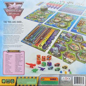 The Dinosaur World board game back of the box, buy from Out of Town Games