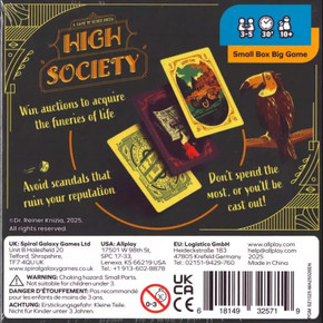 Back of the box of ‘High Society’ – buy now from Boardgamist.