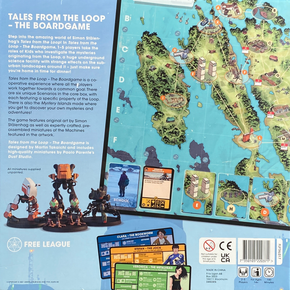 Tales From The Loop: The Board Game back of the box. Buy the co-operative strategy board game from Out of Town Games
