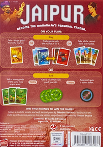 Jaipur - back of the box, buy the two player board game from Boardgamist