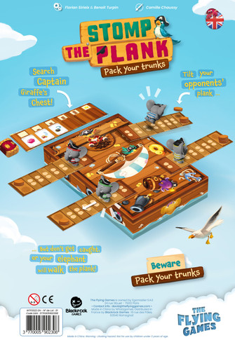 Back of the box of Stomp the Plank Board Game,  Buy two player Games from Out of Town Games
