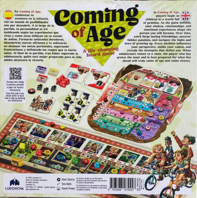 Back of the box of Coming of Age – buy now from Boardgamist.