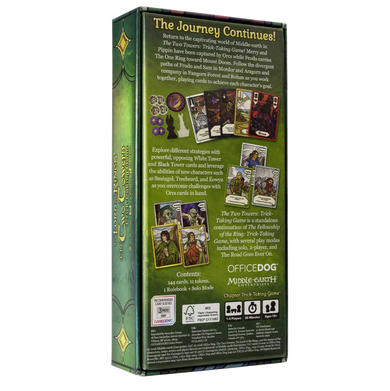 Back of the box of ‘The Lord of the Rings The Two Towers Trick Taking Game’ – buy now from Boardgamist.