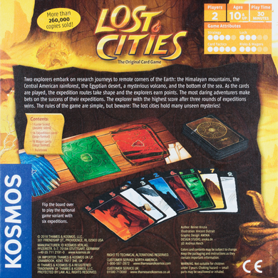Back of the box Lost Cities,  Buy Amazing Two Player Games from Out of Town Games