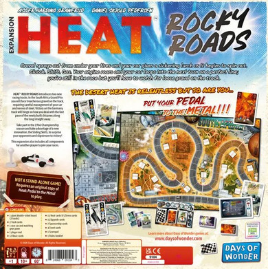 Back of the box of ‘Heat: Rocky Roads’ – buy now from Boardgamist.