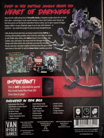 Back of the box of ‘Final Girl: The Green Terror’ – buy now from Boardgamist.