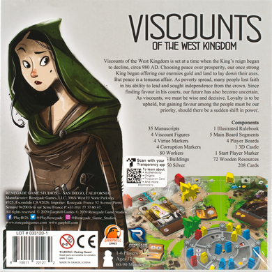 Back of the box of Viscounts of the West Kingdom. Buy this and other brilliant board games from Out of Town Games