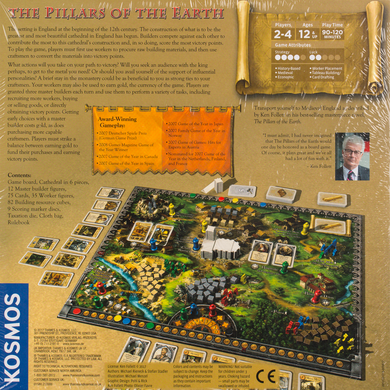 The Pillars of the Earth back of the box buy the strategy board game from Out of Town Games