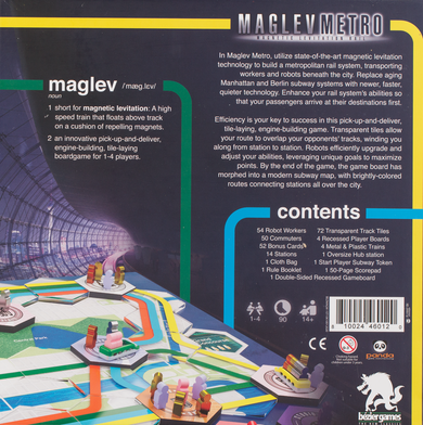 Back of the box of Maglev Metro. Buy the board game from Out of Town Games