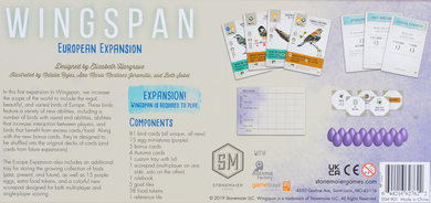 Back of the box of Wingspan European Expansion - Buy the first expansion from Out of Town Games