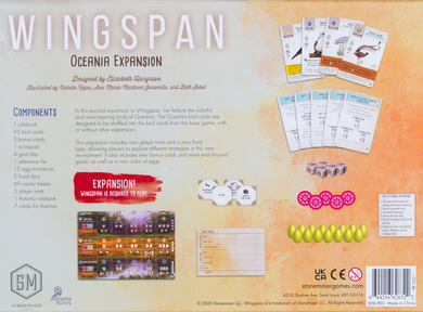 Back of the box of Wingspan Oceania Expansion - Buy the second expansion from Out of Town Games