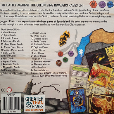 Back of the box of Spirit Island Jagged Earth from Boardgamist