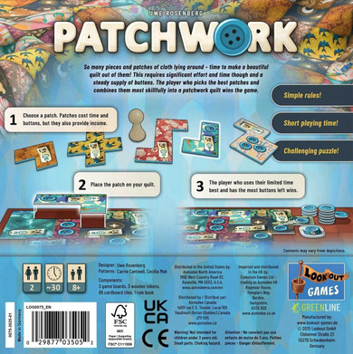 Back of the box for Patchwork - all time great two player game at Boardgamist