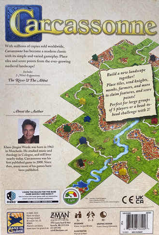 Carcassonne (2015 edition) back of the box, buy the classic modern board game from Out of Town Games
