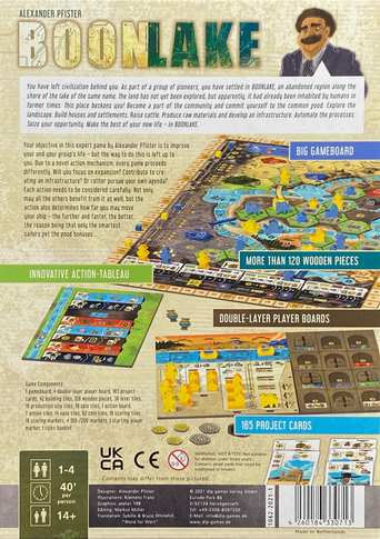 Boonlake back of the box, buy the two player board game from Out of Town Games