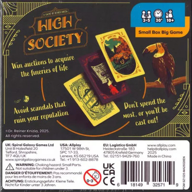 Back of the box of ‘High Society’ – buy now from Boardgamist.