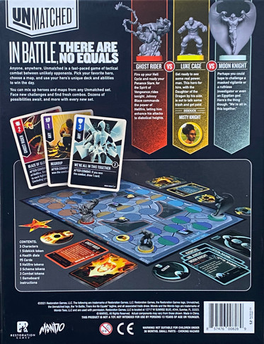 Back of the box of Unmatched Redemption Row Marvel. Buy the board game from Out of Town Games