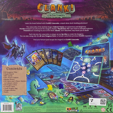 Back of the box of Clank! Catacombs . Buy the deck building game from Boardgamist