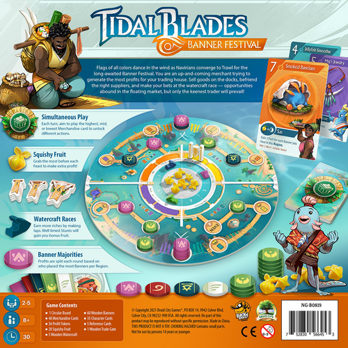 Back of the box of Tidal Blades Banner Festival  - Buy board games from Out of Town Games